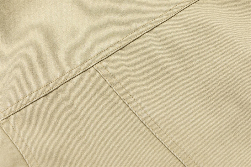 Men's Khaki Workwear Jacket – Relaxed Fit with Plaid Collar & Multi-Pocket