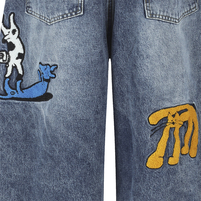 Cartoon Cat Embroidered Denim Shorts – Men's Wide Leg Vintage Washed Jean Shorts