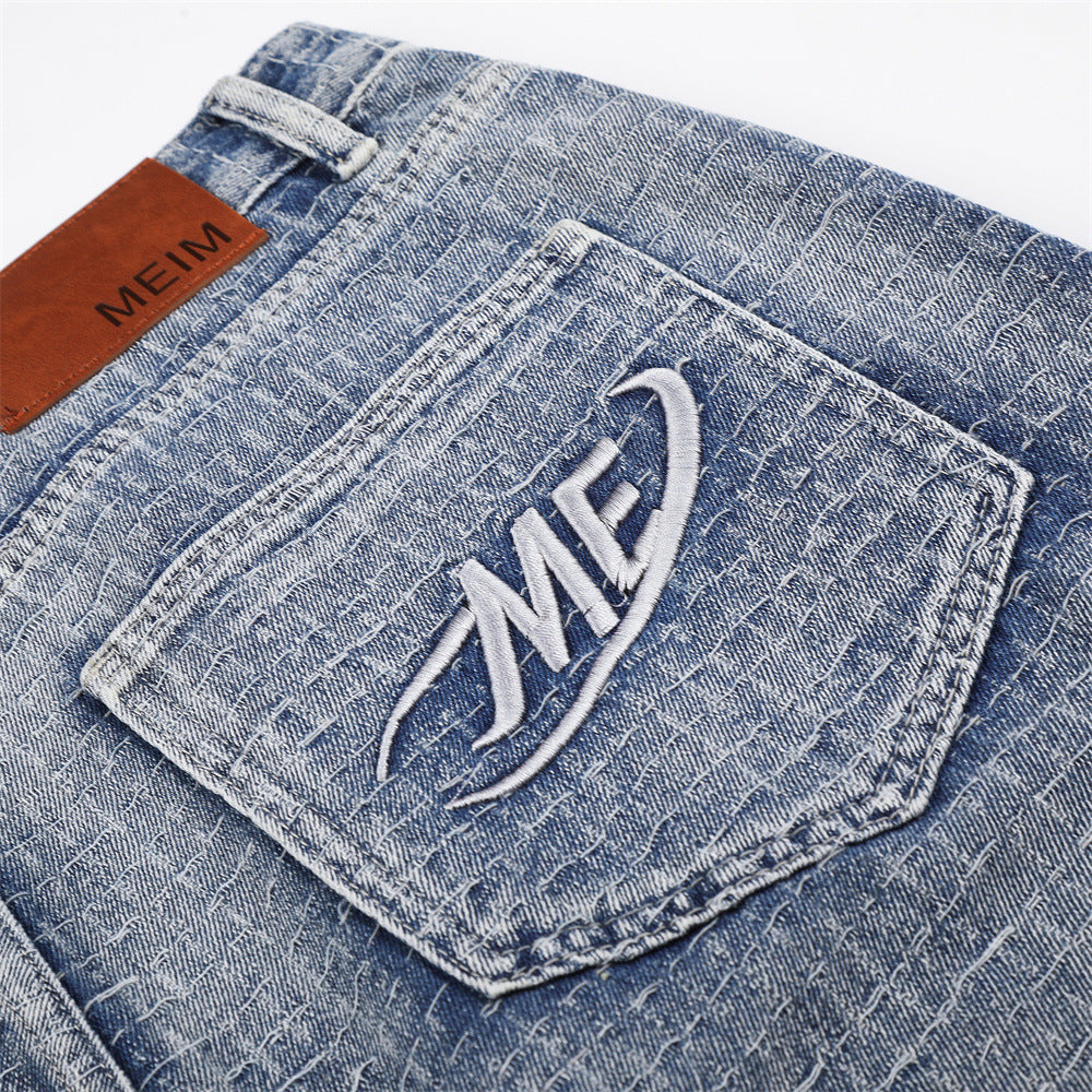 Men's Wide-Leg Denim Shorts – Relaxed Fit Jacquard Textured Jean Shorts