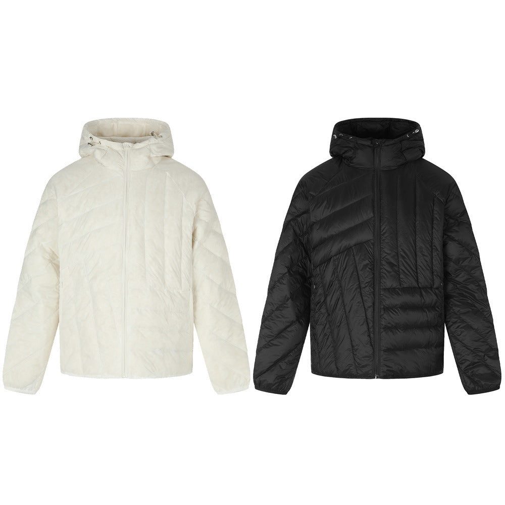 Men's Hooded Puffer Jacket – Irregular Quilted Stitch Design, Ivory & Black