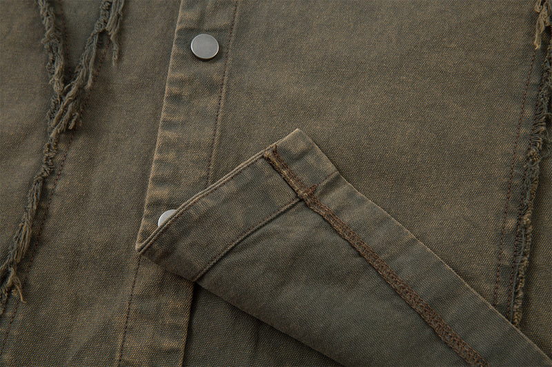 Veste-chemise en jean délavé effiloché – Surchemise patchwork déconstruite