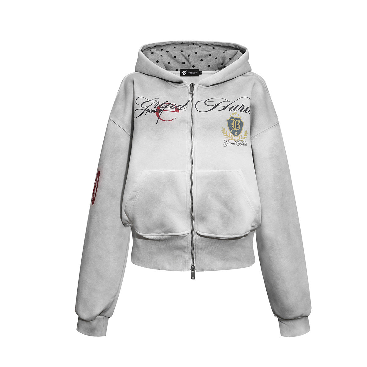 Grunge-Zip-Hoodie in Offwhite mit Vintage-Washed-Effekt, Schriftzug-Stickerei und College-Wappenprint auf der Brust