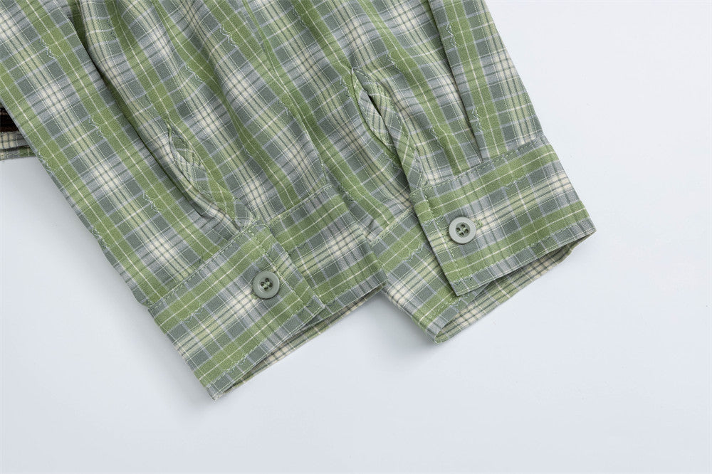 Grünes Karohemd für Herren mit Katzenstickerei – Oversized, Langarm, Button-down