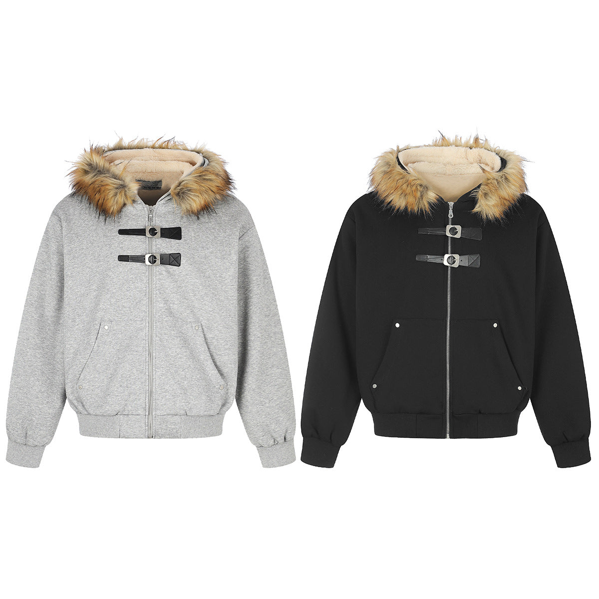 Faux Fur Trim Hooded Zip Jacket with Sherpa Lining & Buckle Detail