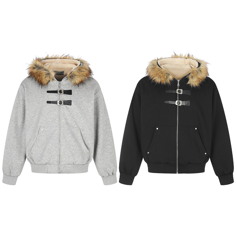 Faux Fur Trim Hooded Zip Jacket with Sherpa Lining & Buckle Detail