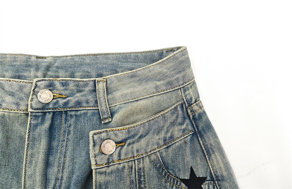 Star Print Distressed Wide Leg Jeans – Asymmetric Cargo Pocket Washed Denim