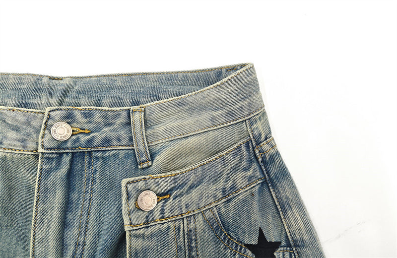 Star Print Distressed Wide Leg Jeans – Asymmetric Cargo Pocket Washed Denim
