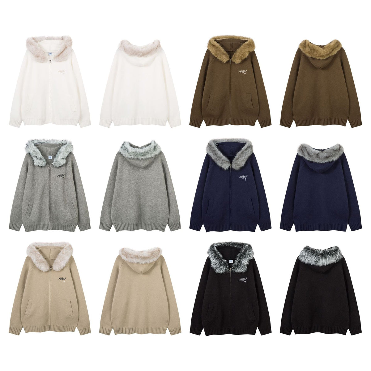 Fur-Trim Hooded Zip-Up Knit Cardigan Jacket