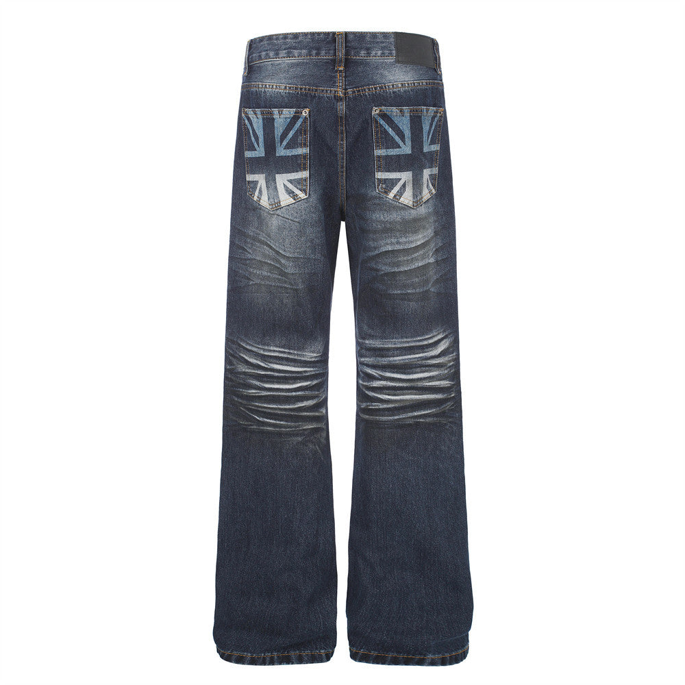 Men's Washed Distressed Straight-Leg Jeans with Union Jack Back Pockets