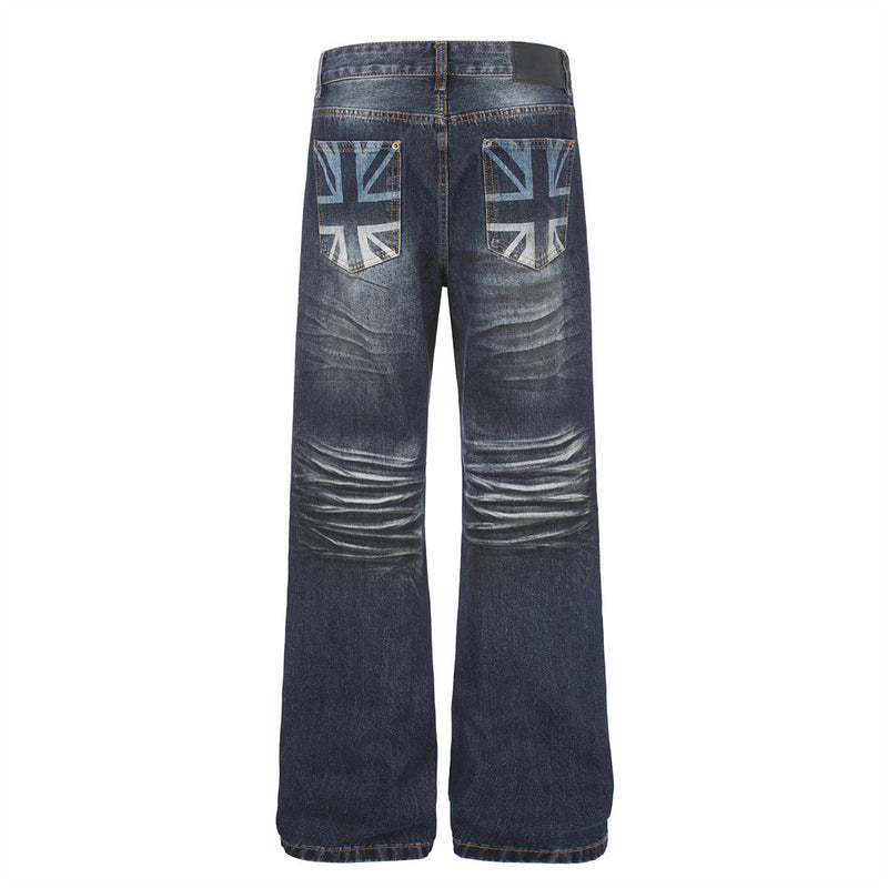 Men's Washed Distressed Straight-Leg Jeans with Union Jack Back Pockets