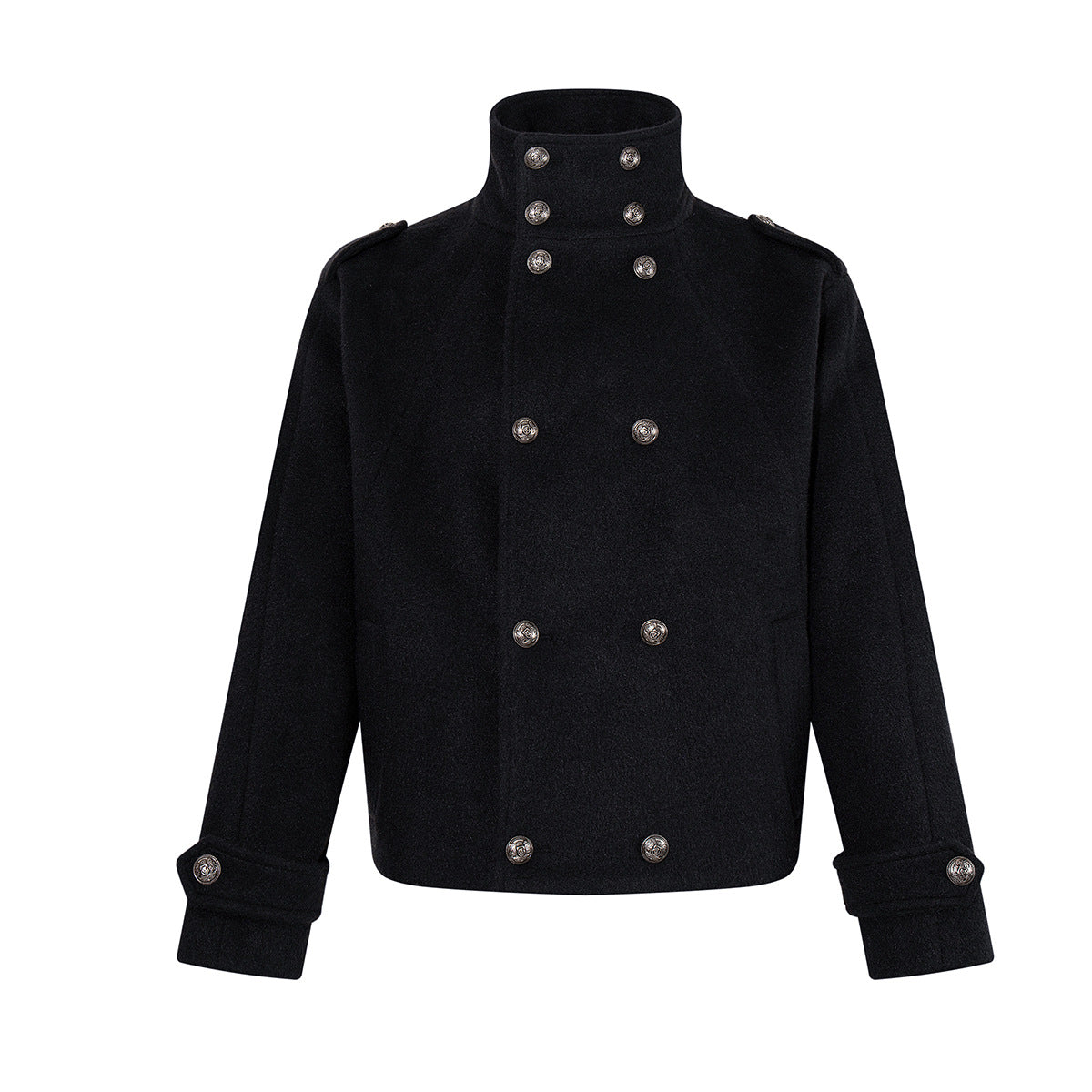 Men's black double-breasted military wool jacket with stand collar, silver-tone buttons, and shoulder epaulettes