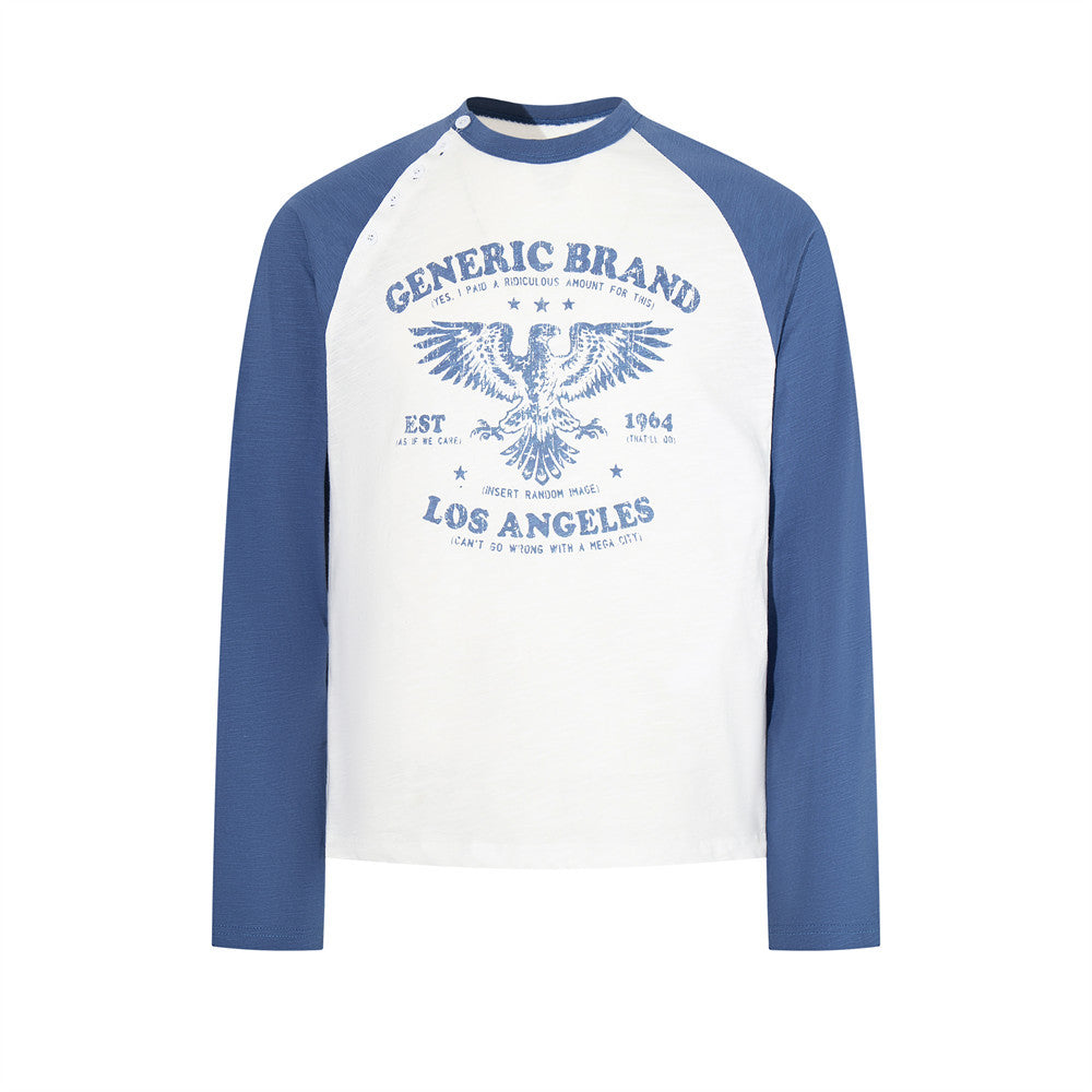 Men's white and blue raglan long sleeve T-shirt with distressed eagle graphic print on the front