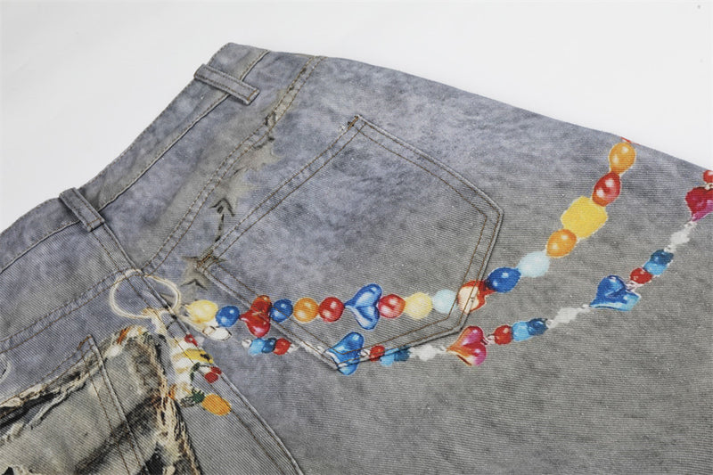 Wide-Leg Distressed Jeans – Digital Print Charms & Ripped Washed Denim