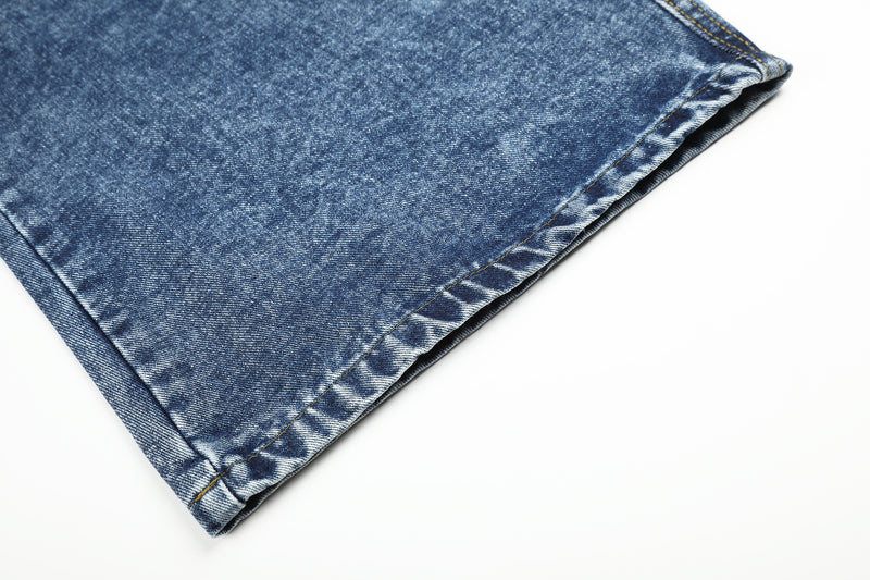 ダークブルーバギージーンズ｜ワイドレッグ ウォッシュドデニム レッド刺繍