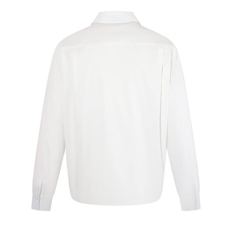 White long sleeve pullover shirt shown from the back with straight hem