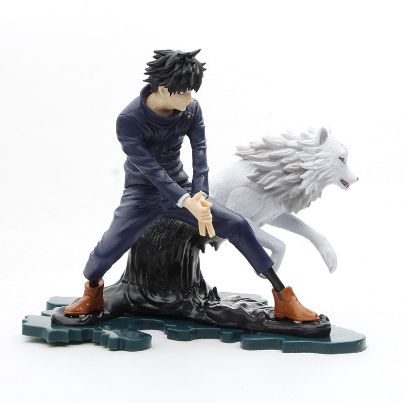 The 17 cm Jujutsu Kaisen Megumi Fushiguro &amp; Tsumiki PVC Figure is a must-have collectible, showcasing Megumi in a dark outfit with a wolf companion, capturing dynamic motion and detail.