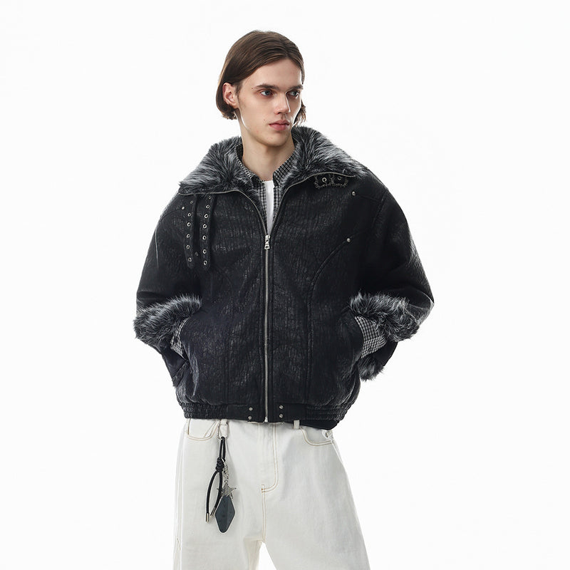 Chaqueta bomber punk oversize – Ribete de pelo sintético, cuello con tira y acolchado cálido