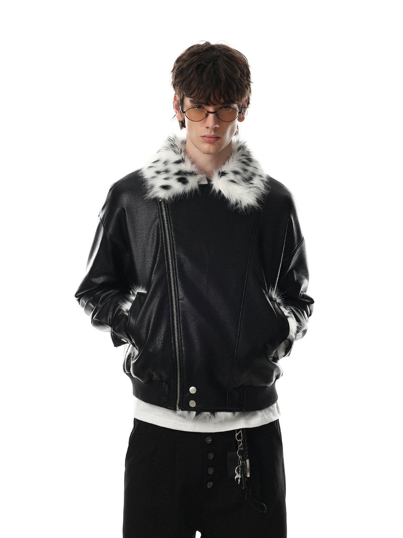 Black Faux Leather Bomber Jacket with Spotted Faux Fur Collar