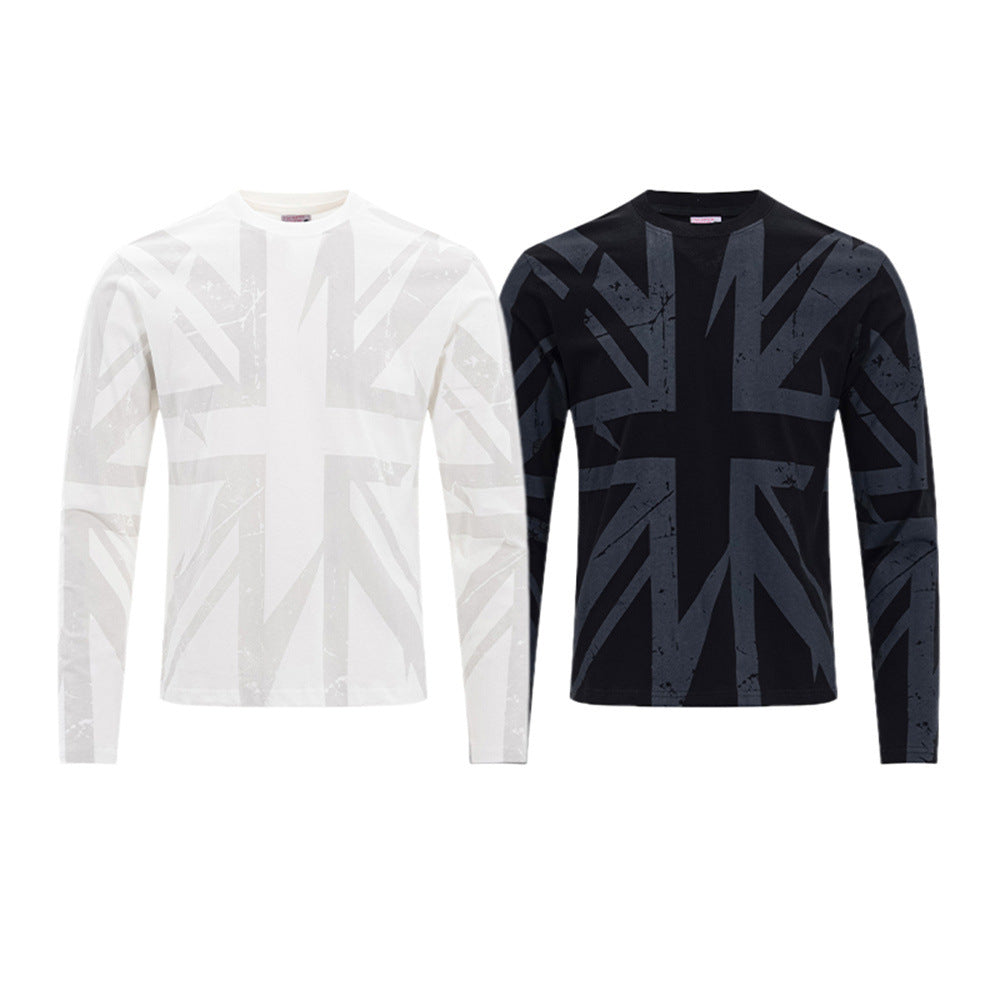 Men's long sleeve tee with distressed Union Jack print shown in white and black color options