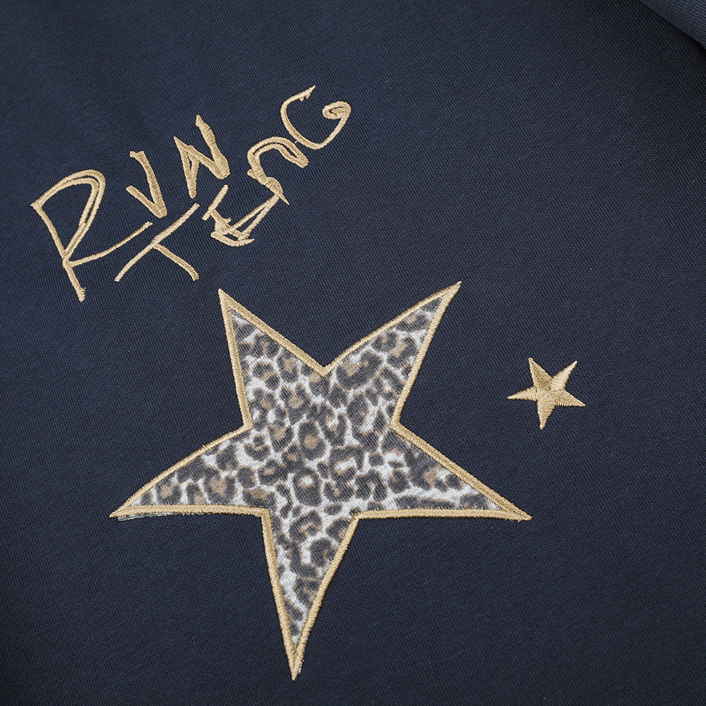 Wide Leg Star Patch Sweatpants with Leopard Print Waistband