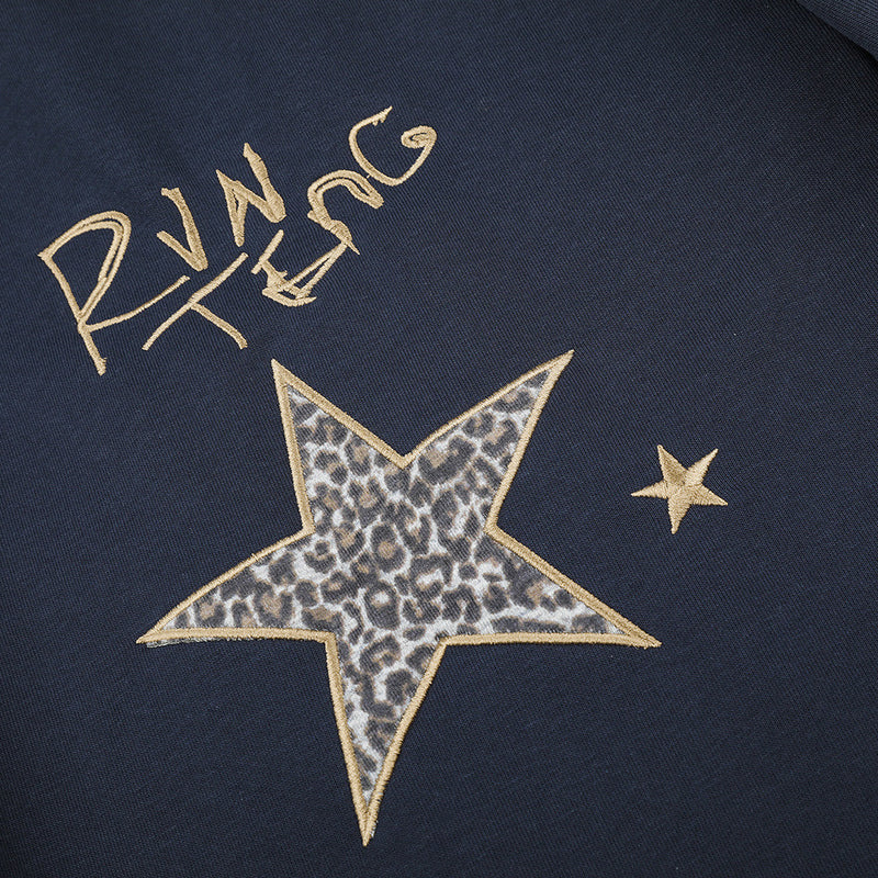 Wide Leg Star Patch Sweatpants with Leopard Print Waistband