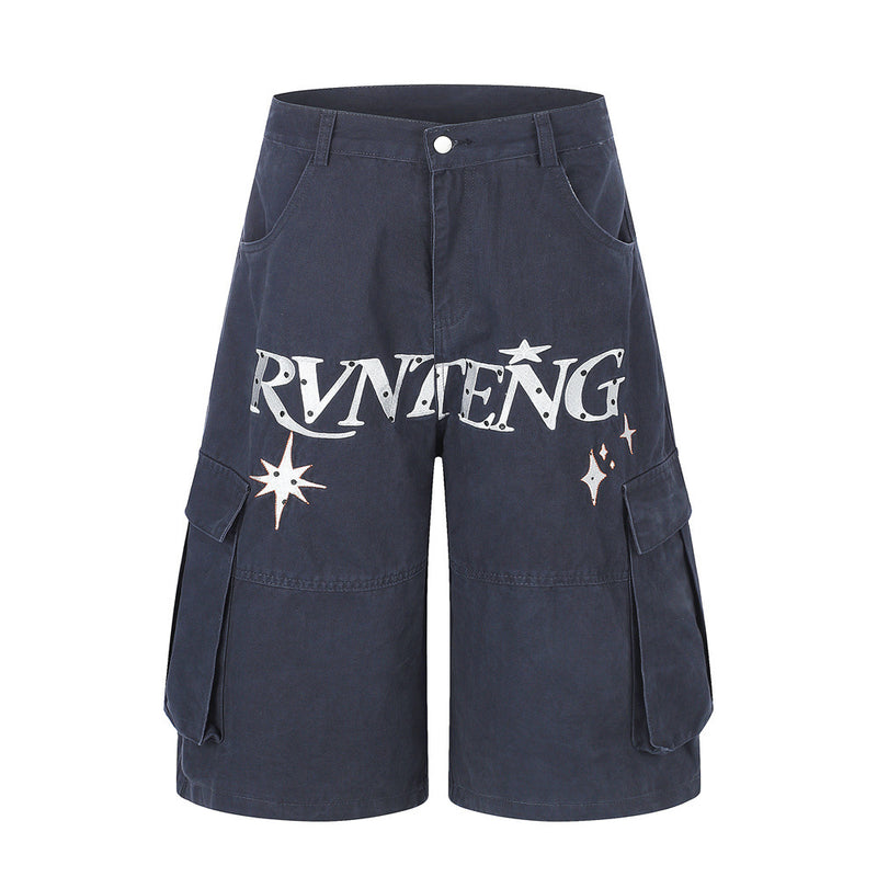 RVNTENG Letter Embroidery Cargo Shorts – Men's Wide Leg Street Style