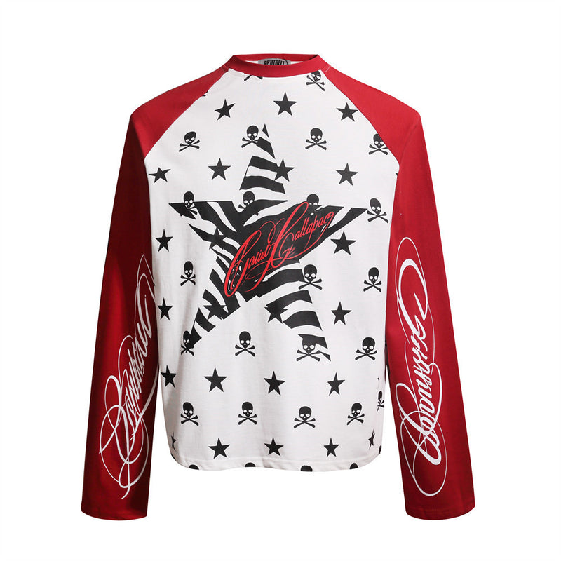 Skull & Star Print Raglan Long Sleeve Graphic Tee – Hip-Hop Color Block