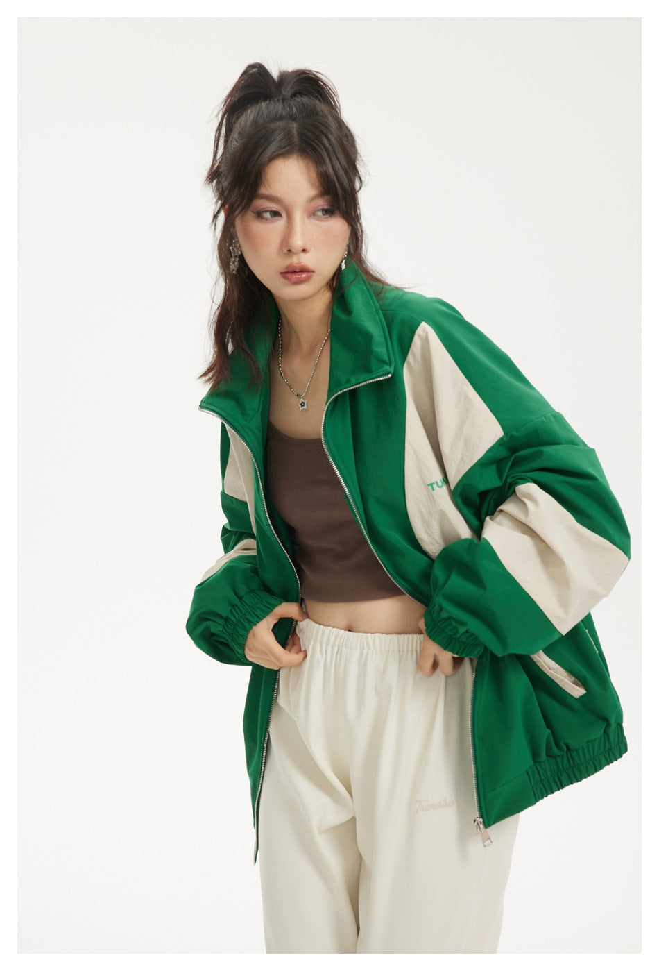 Colorblock Zip-Up Track Jacket — Oversized Retro Varsity Style