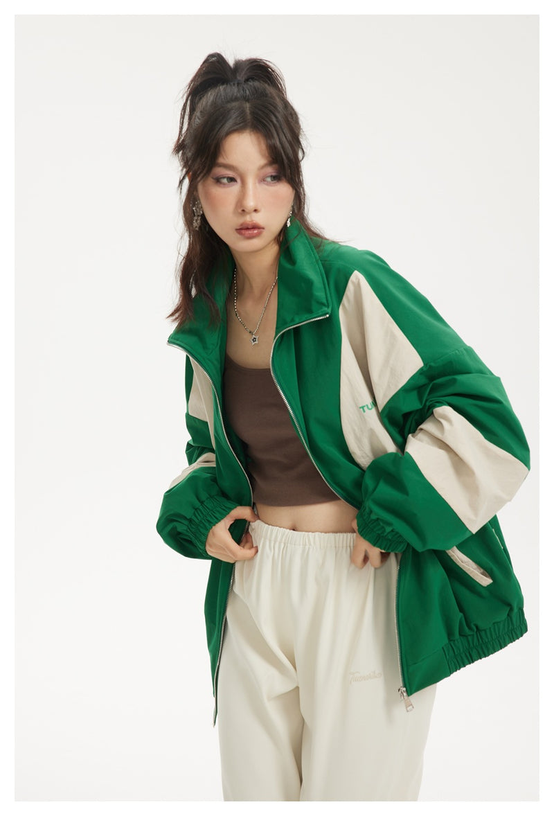 Colorblock Zip-Up Track Jacket — Oversized Retro Varsity Style