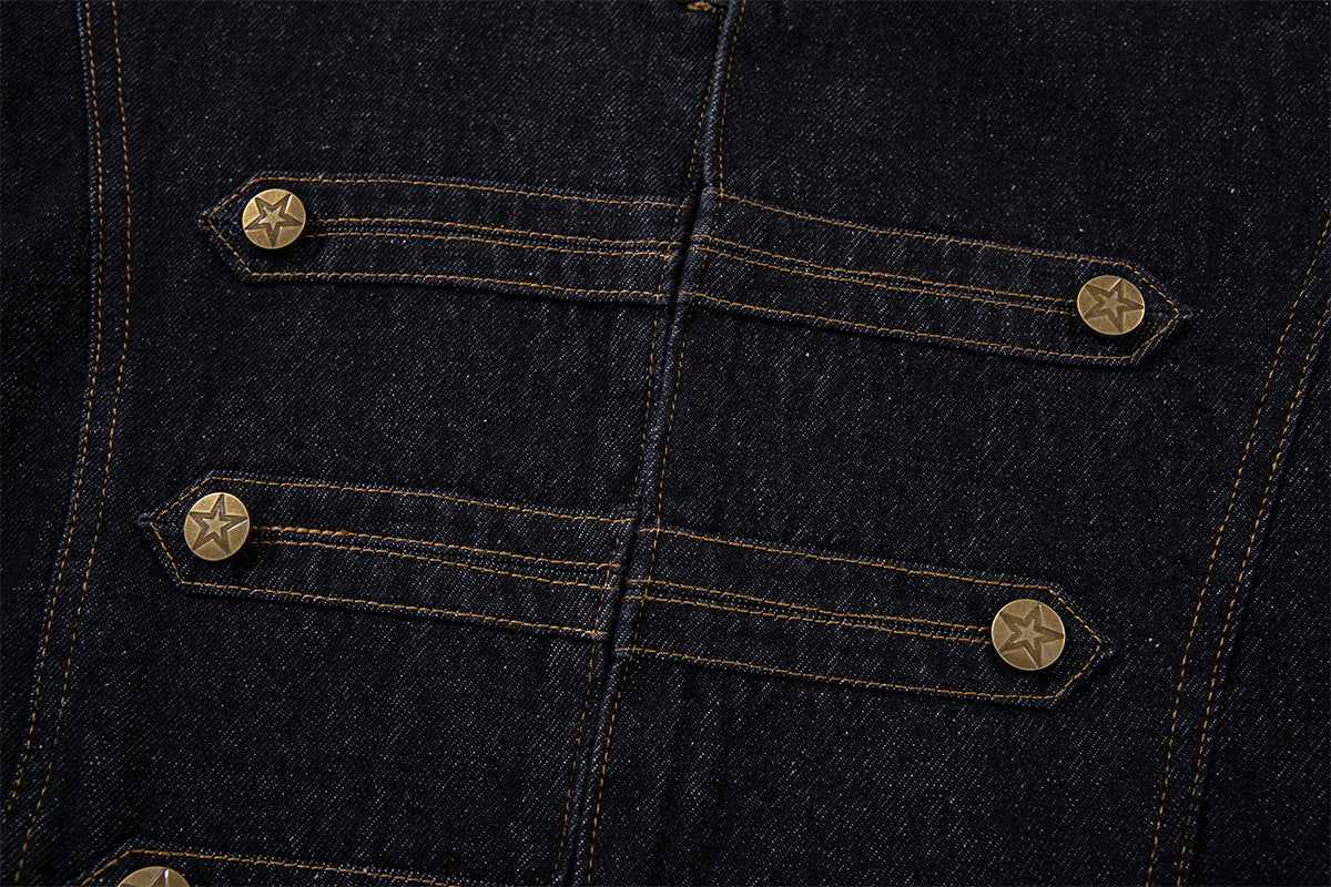 Military-Style Denim Jacket with Napoleon Stand Collar and Gold Star Buttons