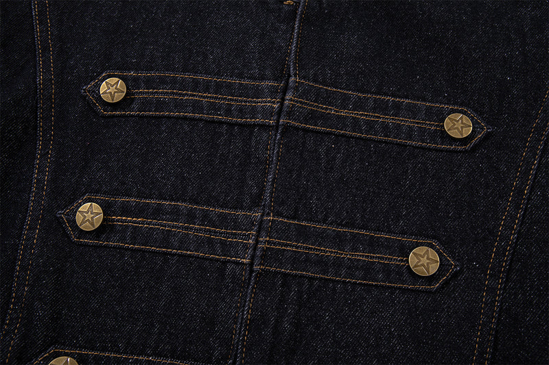 Military-Style Denim Jacket with Napoleon Stand Collar and Gold Star Buttons