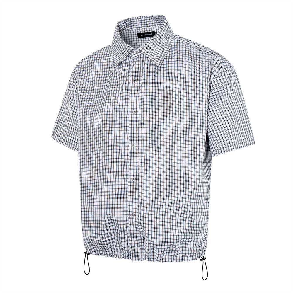 Men's Plaid Short Sleeve Shirt with Drawstring Hem | Oversized Workwear Style
