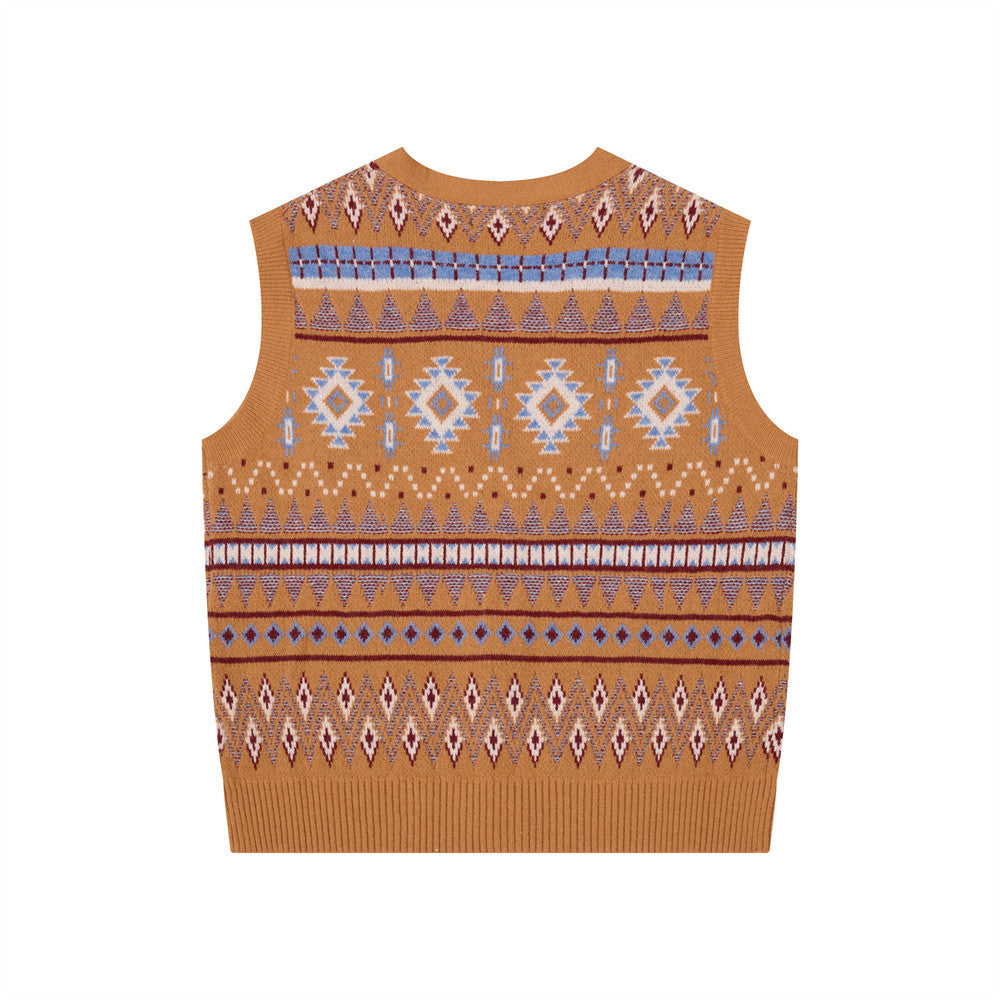 Men's V-Neck Sweater Vest Fair Isle Jacquard Knit Button-Front