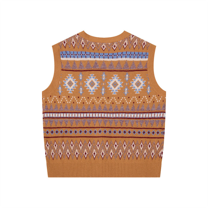Men's V-Neck Sweater Vest Fair Isle Jacquard Knit Button-Front