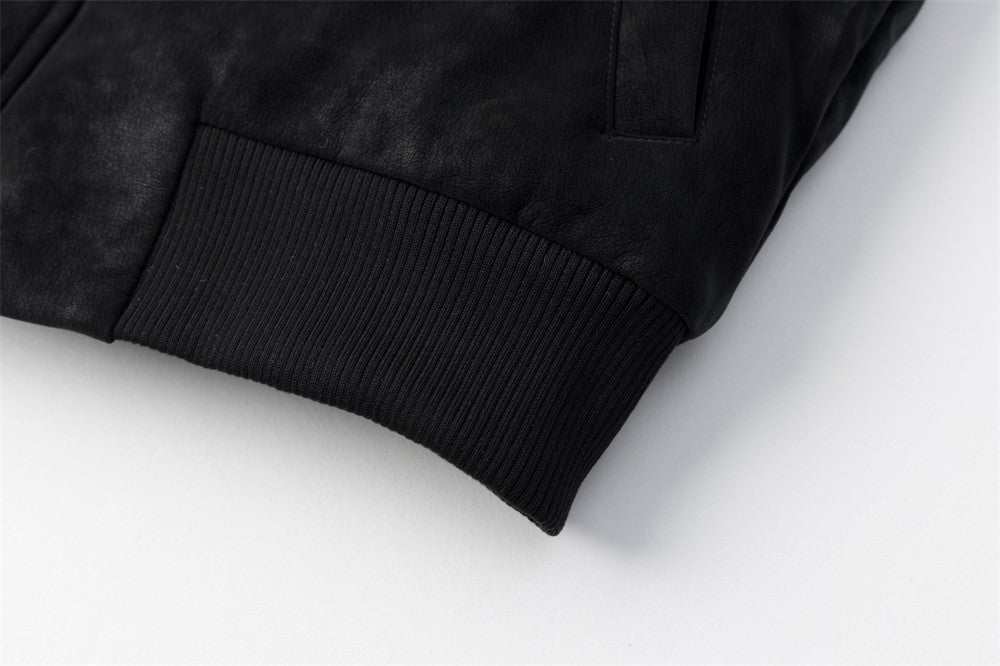 Men's Suede Bomber Jacket with Mongolian Fur Collar, Black Distressed PU Leather