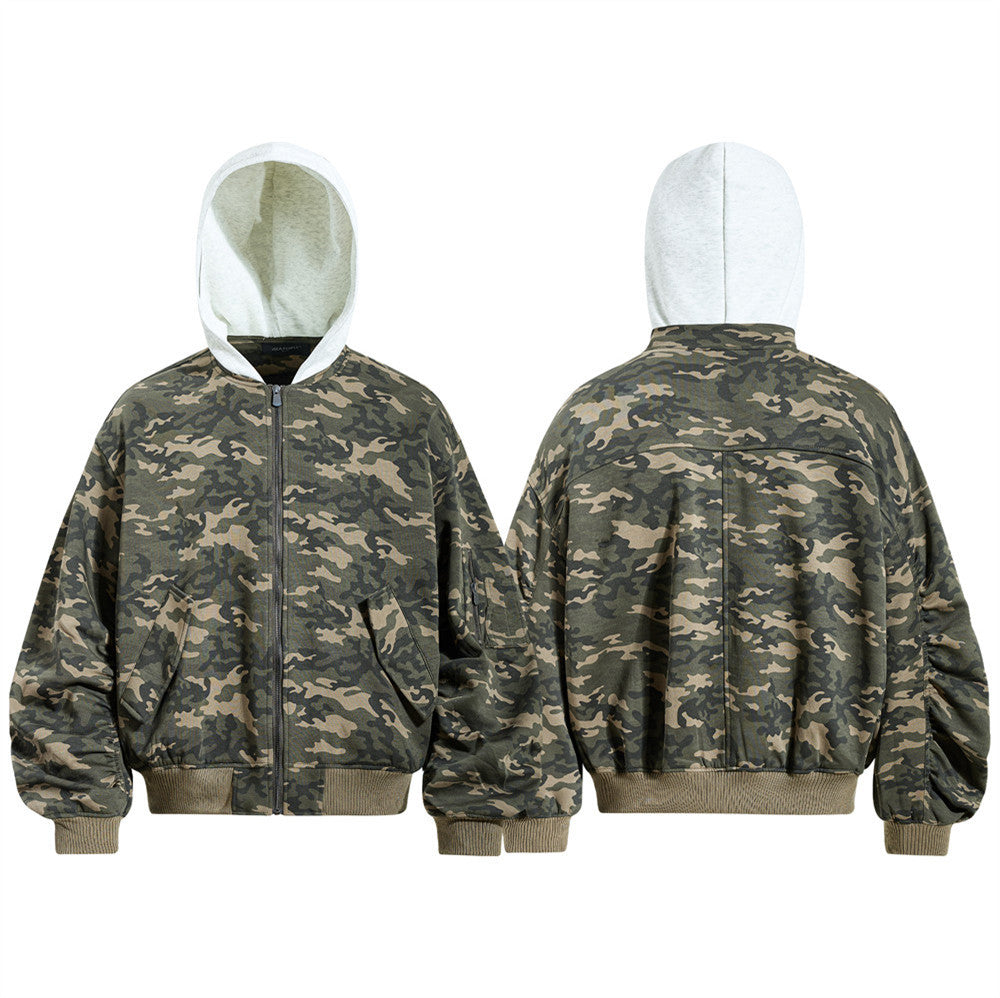 Blouson bomber homme camouflage à capuche, fermeture zippée et manches plissées