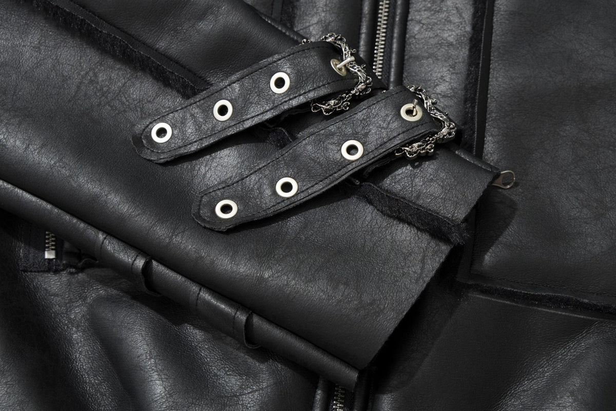Leather Jacket with Fur Collar – Black Bomber Moto Jacket with Cargo Pockets &