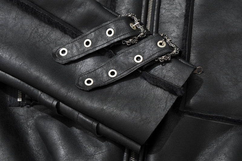 Leather Jacket with Fur Collar – Black Bomber Moto Jacket with Cargo Pockets &