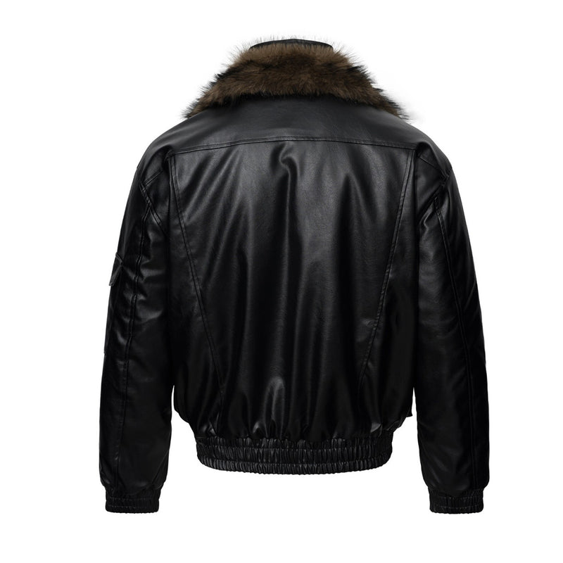 Bomberjacke aus Kunstleder mit Kunstfellkragen – wattierte schwarze Moto-Fliegerjacke
