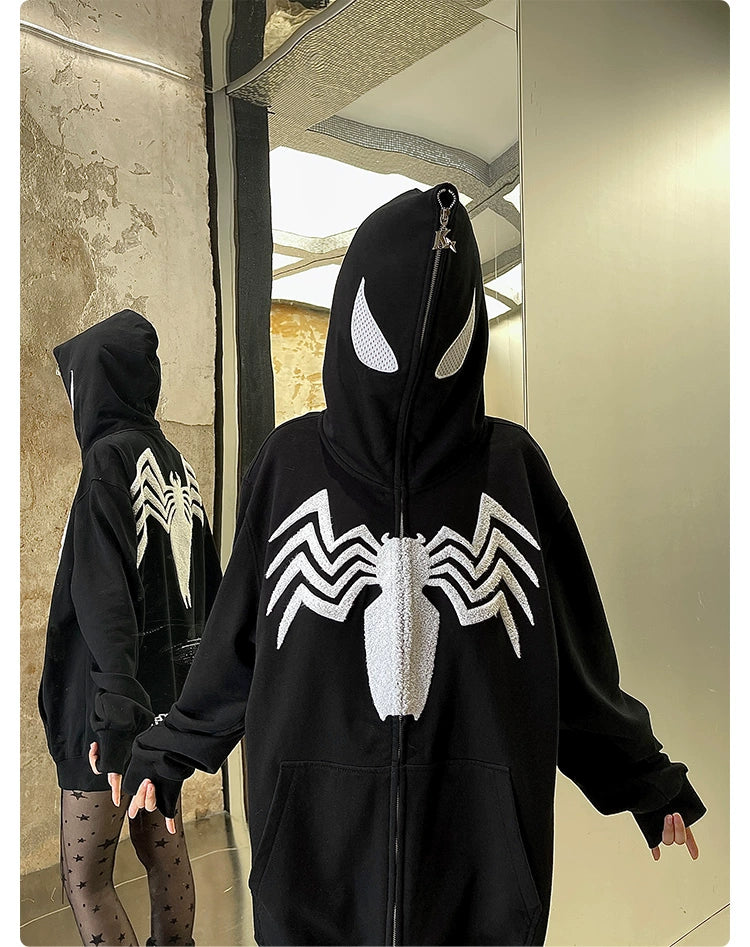 Venom Spider Hoodie - 400GSM Oversized Black and White Zip-Up Sweatshirt for Superhero Fans