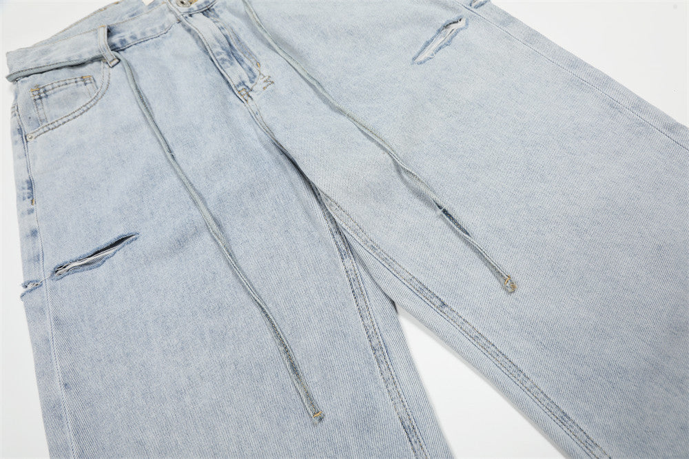 Wide-Leg Distressed Jeans – Light Blue Acid-Washed Straight-Cut Denim with