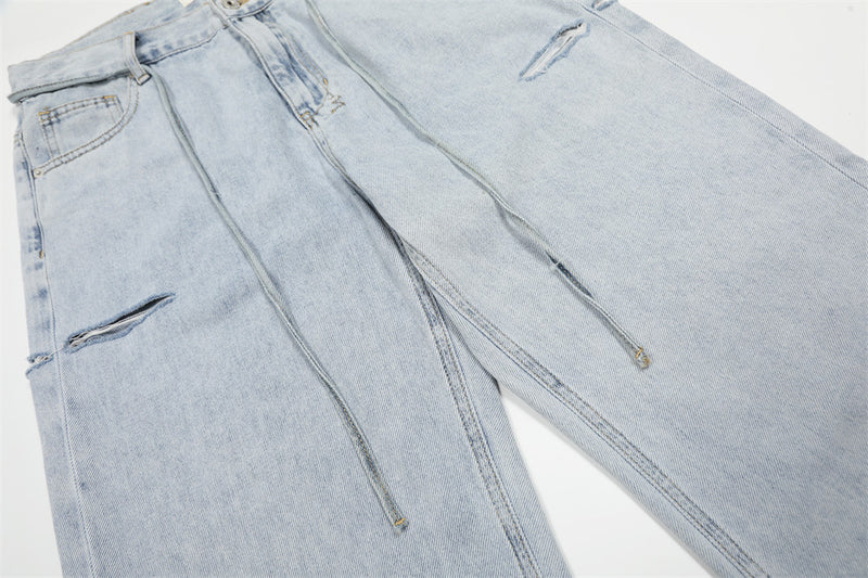 Wide-Leg Distressed Jeans – Light Blue Acid-Washed Straight-Cut Denim with