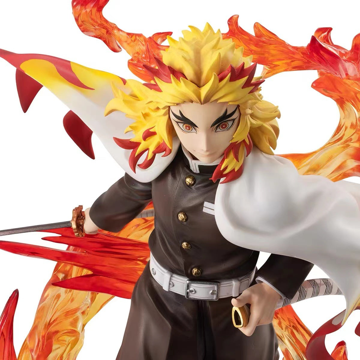 This 22CM Rengoku Kyojuro action figure from the Demon Slayer collection features spiky yellow and red hair, a dynamic pose, and a black outfit with a white cape. Wielding a flame-surrounded sword, it perfectly captures the Flame Hashira&