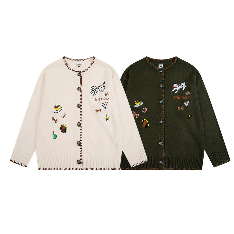 Gilet en maille brodé de motifs cartoon – Chien dalmatien boutonné