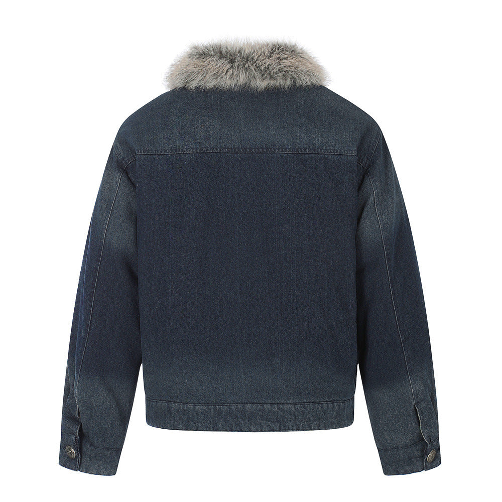 Men's Denim Jacket with Faux Fur Collar & Military Frog Button Closure