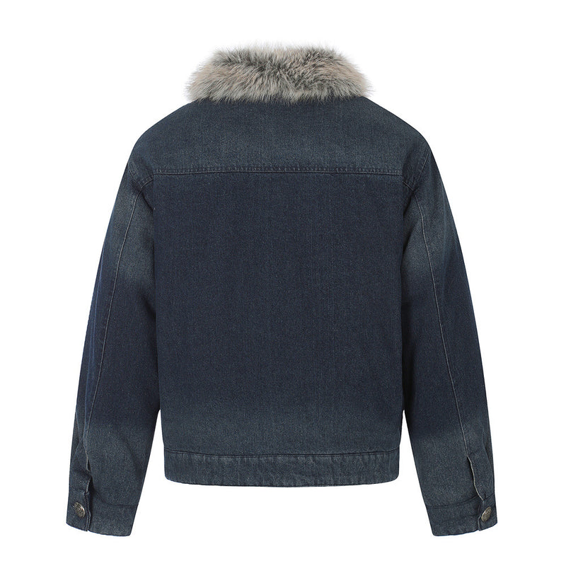 Men's Denim Jacket with Faux Fur Collar & Military Frog Button Closure