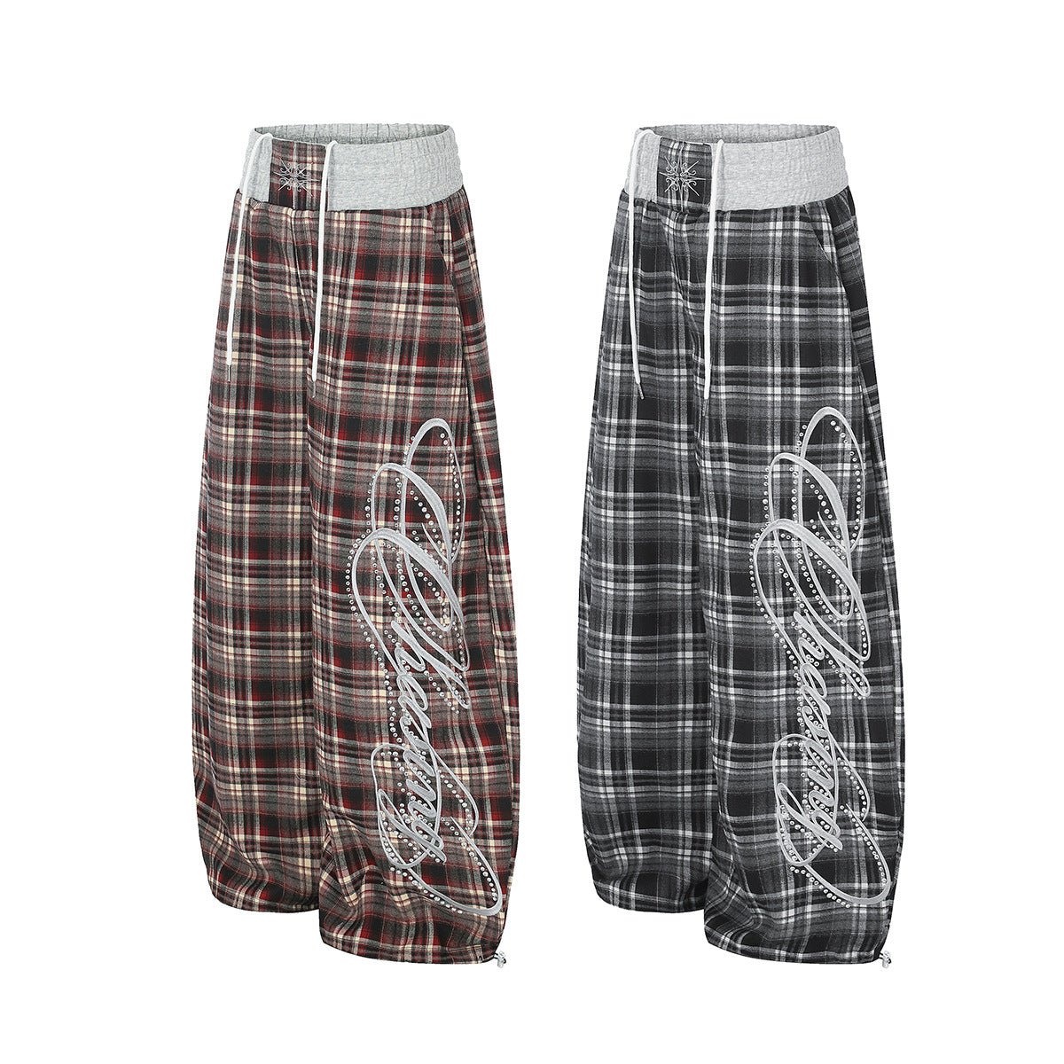 Plaid Wide-Leg Sweatpants with Drawstring Waist & Script Graphic