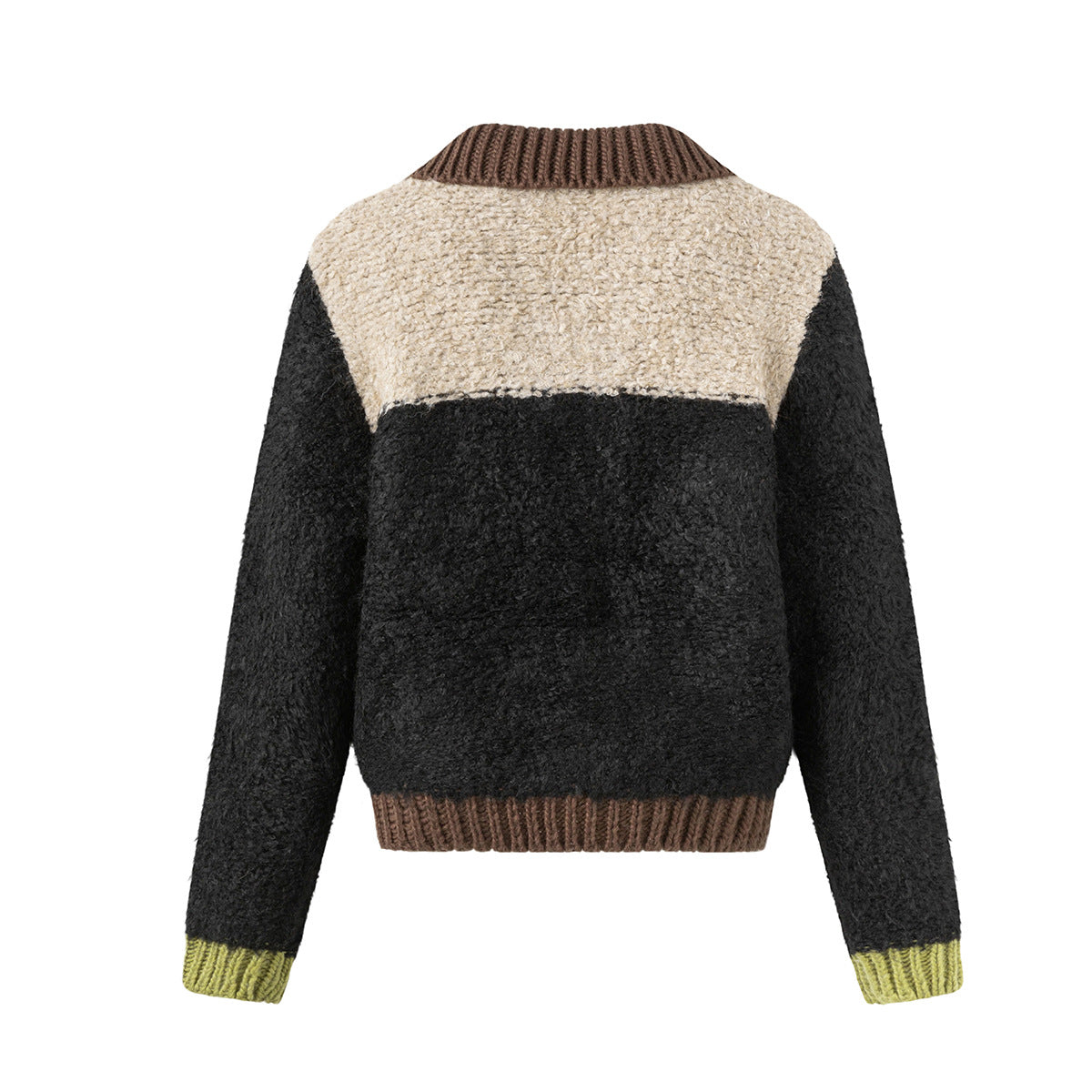 Color-Block Plush Patchwork Knitted Cardigan – Retro Korean Style