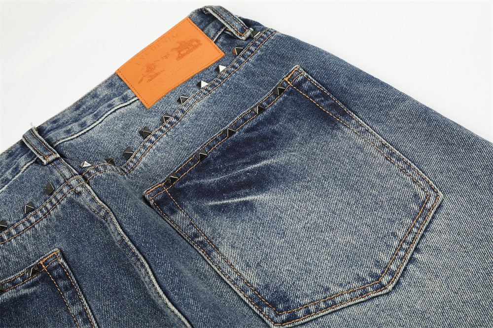 Men's Vintage Wash Wide-Leg Jeans with Metal Pyramid Studs – Retro Blue