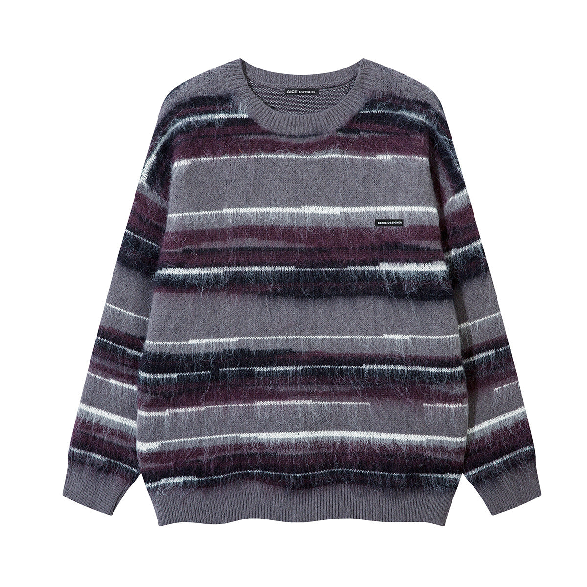 Striped Fuzzy Knit Crew Neck Sweater – Relaxed Fit Mohair-Style Pullover